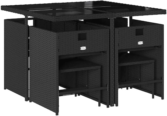 9-Piece Garden Dining Set, Patio Furniture Set with Tempered Glass Table, 4 High-Back Chairs and 4 Stools, Space-Saving PE Rattan Wicker Outdoor Dining Set for 8, Black and Cream