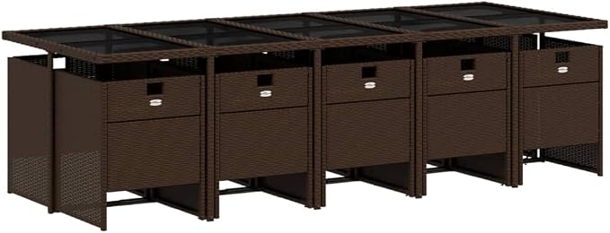 11-Piece Outdoor Dining Set, Patio Furniture Table and 10 Chairs, Space-Saving Cube Garden Rattan Seating with Cushions, Brown