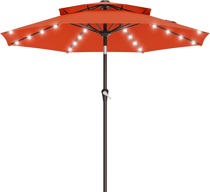 AreShark 9ft 2 Tiers Patio Umbrella with Solar Lights, Outdoor Umbrella w/ 32 LED Lights&8 Sturdy Ribs, Table Umbrella for Deck, Backyard, Pool(Orange)