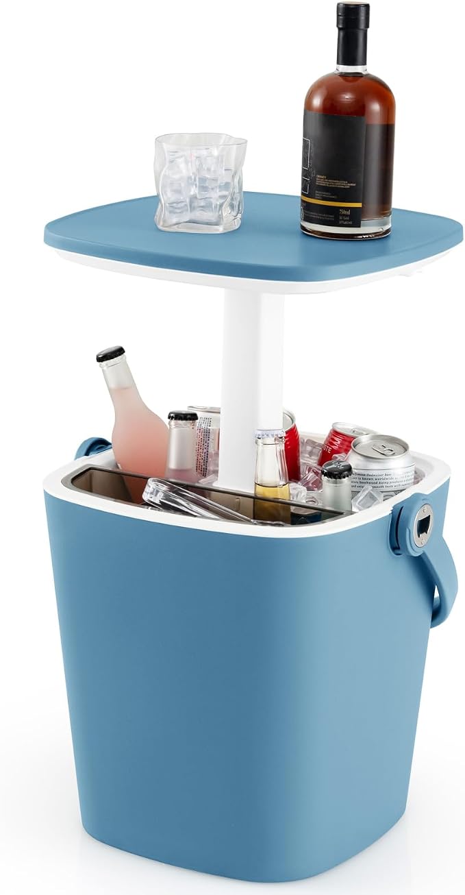 COSTWAY Outdoor Cooler Table, 4-Gallon Portable Cooler Side Bar Table with Handle, Lift Top Lid and Bottle Opener, Patio Furniture Cocktail Drink Table for Party Beer Wine Beverage (Blue)