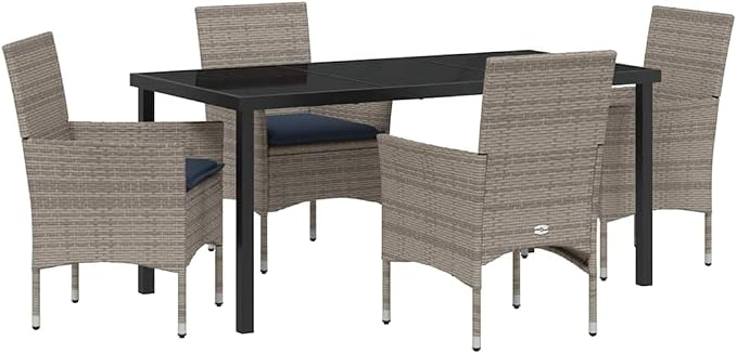 5 Piece Outdoor Dining Set, Grey PE Rattan Patio Furniture Table and Chair Set with Tempered Glass Tabletop and Cushions for Garden Backyard Deck
