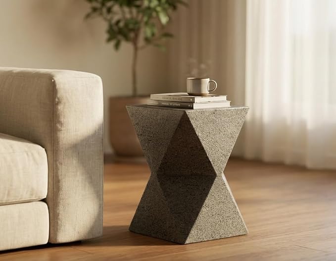 Outdoor Side Table – Lightweight Stone Patio Coffee Stand, Concrete End Table for Backyard, Balcony (Rhombus)