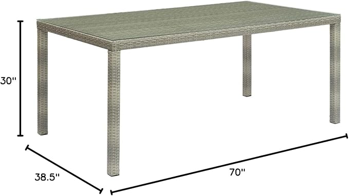 Modway Conduit Wicker Rattan Glass Outdoor Patio 70" Rectangular Dining Table in Light Gray