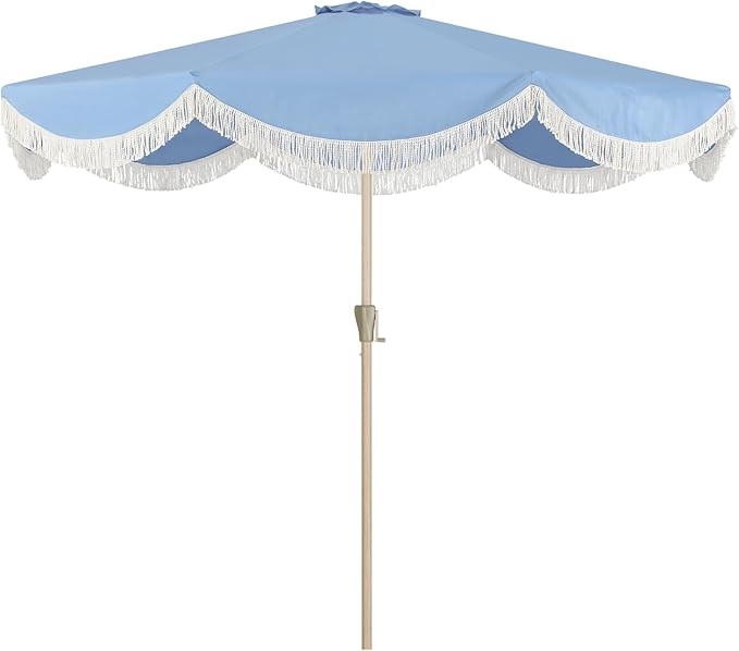 Tempera 9ft Blue Scalloped Patio Umbrella with Fringe,UV Protection Fade Resistant Canopy, 8 Sturdy Ribs, Outdoor Table Umbrella with Crank Tilt for Lawn, Pool, Deck, Balcony