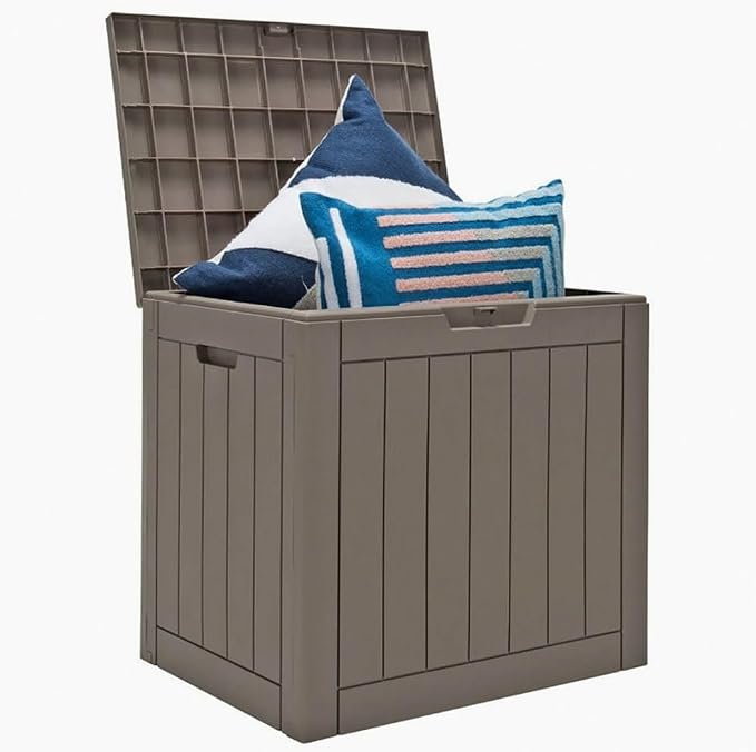 Light Brown 30-Gallon Deck Box Storage with Woodgrain Texture, 22x17x21in for Patio & Garden - Waterproof Lid, UV-Resistant