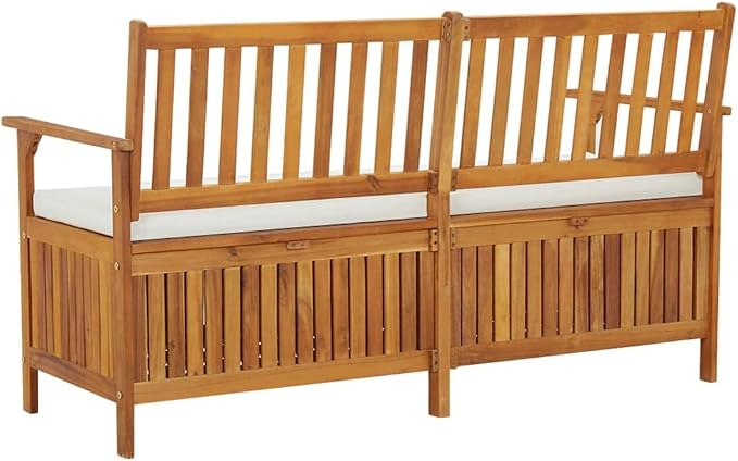 Patio Storage Bench with Cream White Cushion, Outdoor Wooden Deck Box, Solid Wood Patio Furniture for Outdoor Cushions, Pool Storage and Garden Tools, 58.3"x24.4"x33.1", -331