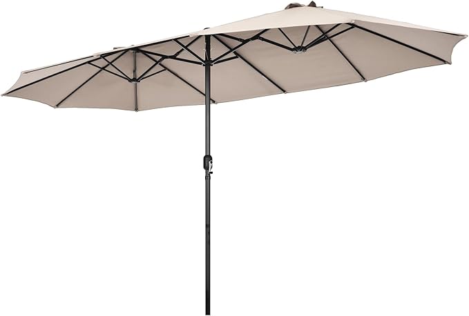 Tangkula 15Ft Double-Sided Patio Umbrella, Outdoor Extra Large Umbrella W/Hand-Crank System & Air Vents, Market Twin Umbrella W/ 12-Rib Sturdy Metal Frame for Poolside, Garden Backyard (Beige)
