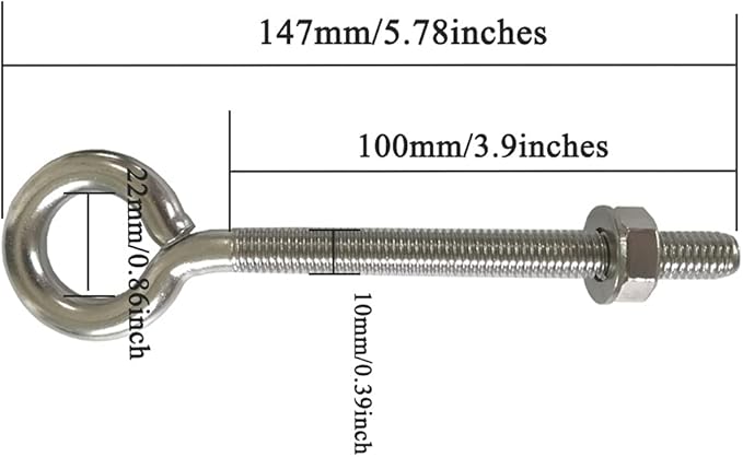 Hammock Hooks, 2 Pack M10 Stainless Steel Eye Bolt 4" Heavy Duty Eyebolt Eyelet Screws with Washer and Nuts for Yoga Hammock Swing Chair Indoor Outdoor, Long Shank Thread Length 100mm