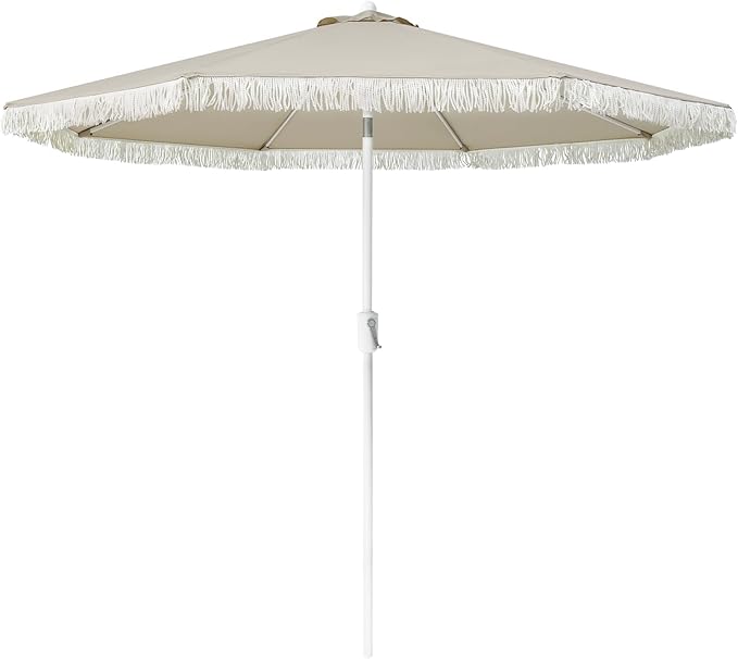 Tempera 9ft Auto Tilt Patio Umbrellas with Fringe, Outdoor Market Umbrellas with Fade Resistant Canopy, 8 Sturdy Rids, Luxurious Vintage Umbrellas for Lawn, Pool, Deck, Balcony