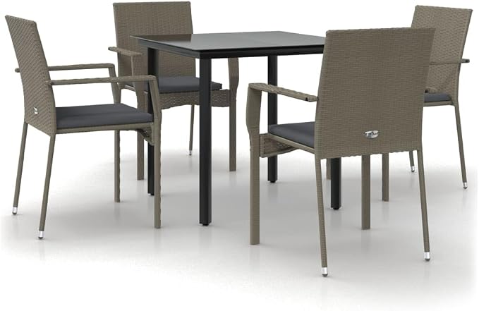 5-Piece Outdoor Dining Set, Poly Rattan Garden Table and 4 Chairs with Gray Cushions, Patio Furniture for Backyard, Balcony, and Deck