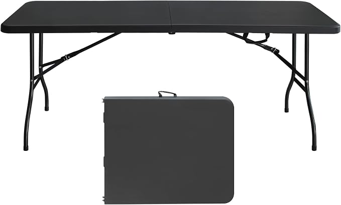 Anwick 6 Foot Folding Table Portable Fold-in-Half Plastic Picnic Table w/Handle and Steel Legs for Indoor, Outdoor, Camping, Party, Garden (Black, 6ft)