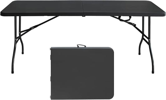 Anwick 6 Foot Folding Table Portable Fold-in-Half Plastic Picnic Table w/Handle and Steel Legs for Indoor, Outdoor, Camping, Party, Garden (Black, 6ft)