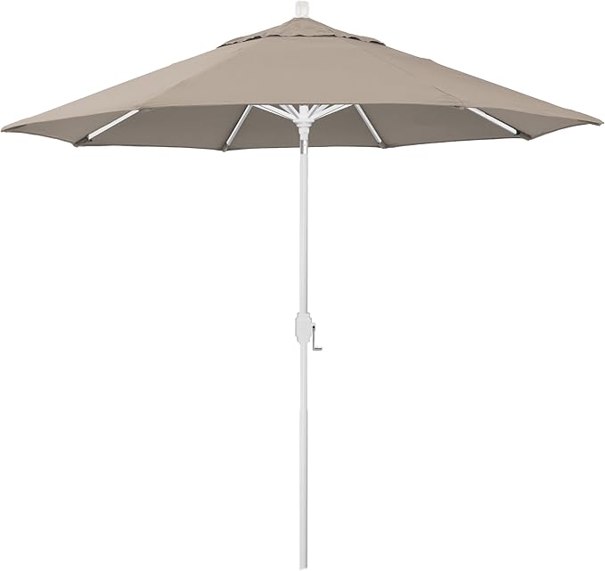 California Umbrella 12-Year-Non-Fading, 9Ft Premium Sunbrella Patio Umbrella, Hand-Crank, Button-Tilt, White Frame, Taupe Fabric