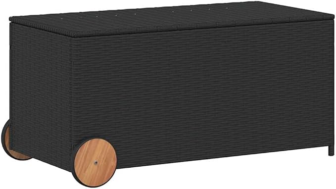Black PE Rattan Outdoor Storage Box, 42.1 x 21.7 x 20.9 in, 50.4 Gallon Capacity with Wheels