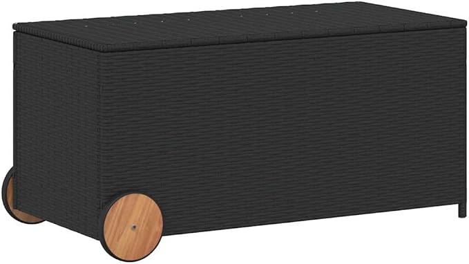 Garden Storage Box, 50.4 Gallon Outdoor Deck Box, Rectangular Patio Organizer with Wheels, Synthetic PE Rattan and Powder-Coated Steel Frame, 42.1 x 21.7 x 20.9 in, Black