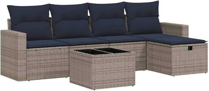 vidaXL Patio Sofa Set with Cushions 6 Piece, Outdoor Conversation Set, Sectional Sofa for Balcony Garden, Modern Style, Gray Poly Rattan