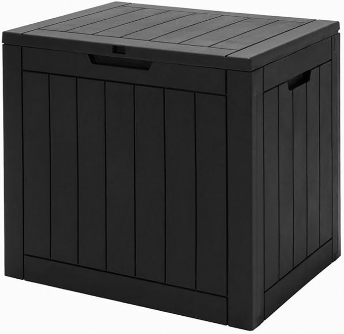 Black 30-Gallon PP Woodgrain Deck Box Outdoor Storage Seat with Waterproof Lid, 22x17x21in for Patio