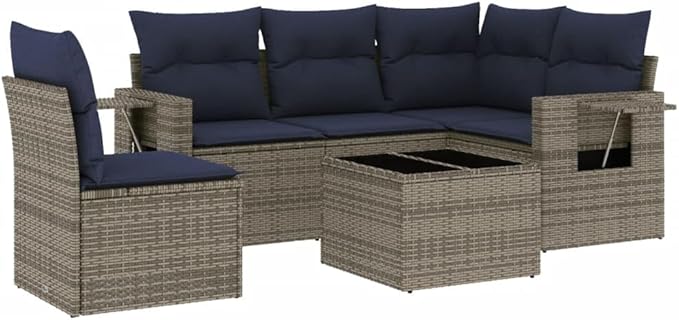 vidaXL Patio Sofa Set with Cushions 6 Piece, Outdoor Conversation Set, Patio Sectional Sofa for Balcony Garden, Modern Style, Gray Poly Rattan