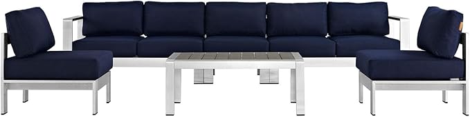 Modway Shore 6-Piece Aluminum Outdoor Patio Sectional Sofa Set in Silver Navy