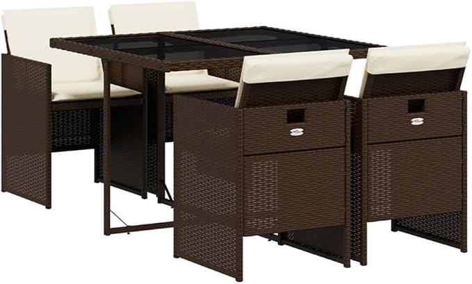 Afuera Living 5-Piece Rattan Patio Dining Set, Brown/Cream White Finish, PE Rattan & Powder-Coated Steel, Foldable Chairs with Removable Cushions, Weather-Resistant, Outdoor Table for Garden or Patio