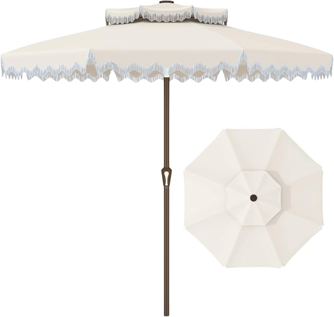 Patiokingdom 9FT Patio Umbrella with Fringe,Tassel Umbrella UPF 50+ & Push-Button Tilt,Rust-Resistant Fiberglass Frame for Pool,Garden,Backyard,Yard (Creamy-white)
