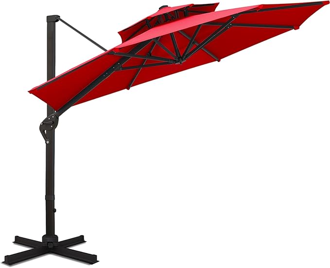 Sunnyglade 11FT Double Top Cantilever Patio Umbrella Deluxe Offset Umbrella 360° Rotation & Integrated Tilting System Heavy Duty Outdoor Umbrella for Market Garden Deck Pool Backyard Patio(Red)