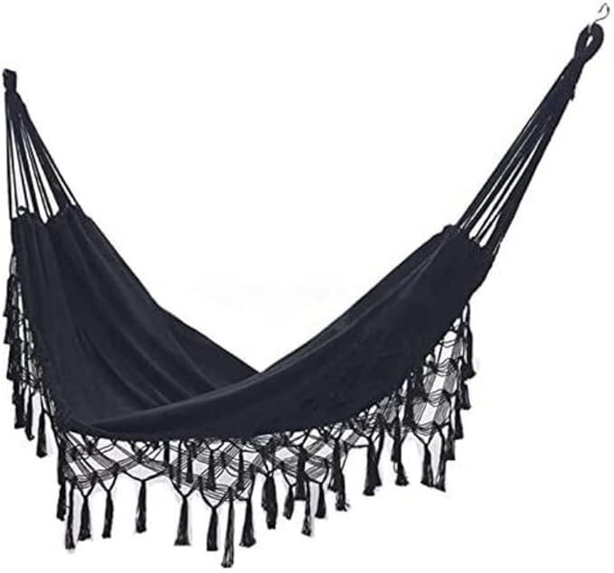 Camping Hammock Bed Tassel Hammock Rope Swing Canvas Sturdy Lanyard Rocking Chair for Outdoor Indoor Garden Load Capacity Up to 150 Kg Hammock Swing (Color : Black, Size : 200 * 150cm)