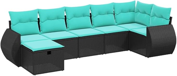 7 Piece Patio Sofa Set with Cushions, Sectional Sofa Porch Furniture Set Patio Conversation Set Outdoor Dining Sets for Exhibition Negotiation Area Poolside Garden Black Poly Rattan