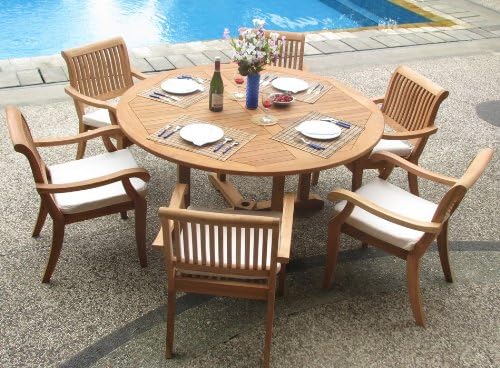6 Seater Grade-A Teak Wood 7pc Dining Set: 60" Round Table and 6 Arbor Stacking Arm Chairs #TSDSAB3
