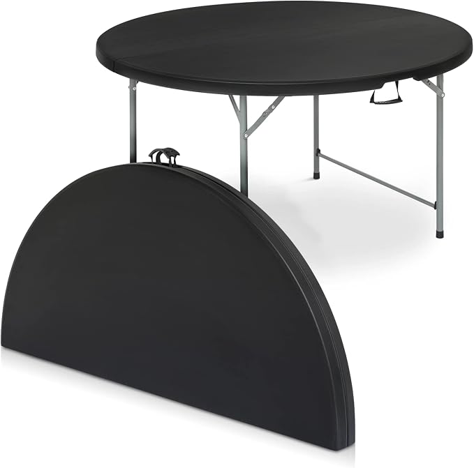 Magshion 48" Round Folding Table, 4 Feet Bi-Folding Plastic Commercial Dining Card Table w/Carrying Handle for Outdoor Wedding Party Event Picnic, Black