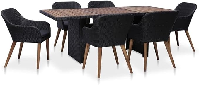 Afuera Living Contemporary Outdoor Dining Set, Black and Dark Gray Finish, PE Rattan with Powder-Coated Steel Frame, 78.7 x 39.4 x 29.1 in Table, Seats 6, Cushioned Chairs, Modern Patio Furniture for