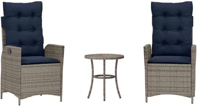 3 Piece Bistro Set with Cushions, Porch Furniture Set Outdoor Dining Sets Outdoor Sofa Set Patio Conversation Set for Garden Poolside Piazza Exhibition Gray Poly Rattan