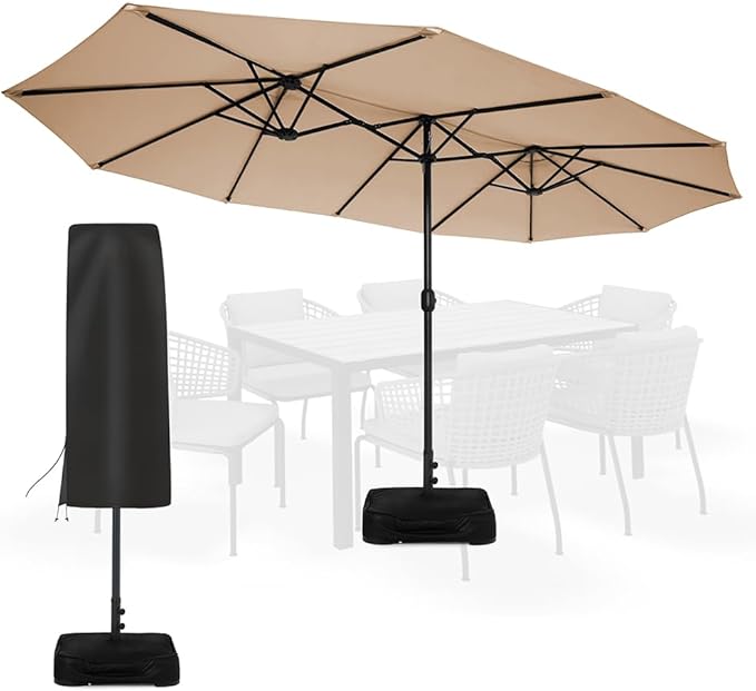 Sundale Outdoor Olefin 5-Year-Non-Fading 15 ft Patio Umbrella with Sand Bag Base and Cover, Large Outdoor Double-Sided Umbrella