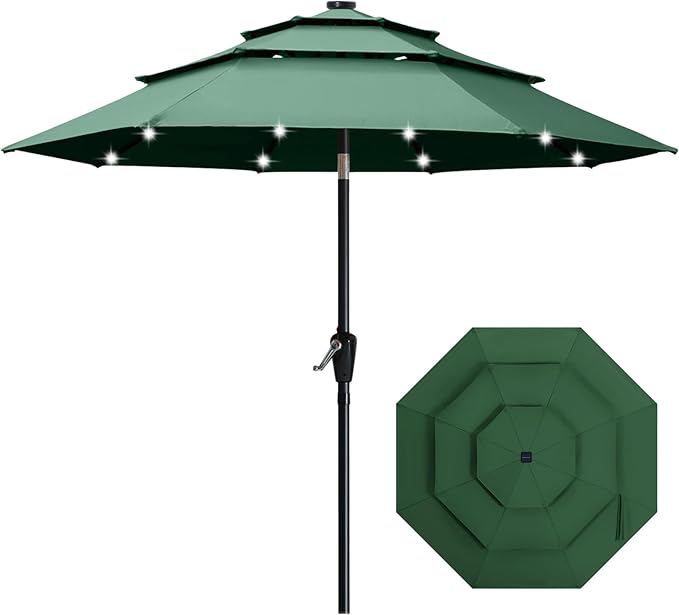 ABCCANOPY 3-Tiers 11FT Solar Patio Umbrella, Outdoor Umbrella with 32 LED Lights for for Deck, Pool, Garden, Backyard (Green)