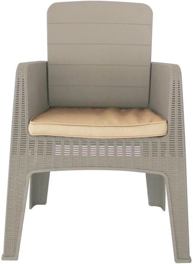 Pemberly Row 7-Piece Patio Dining Set, Gray Faux Rattan and Wood Finish, Durable Plastic, Beige Cushions, Rectangular Table with Umbrella Hole, Foldable and Stackable Armchairs, UV Protected, Outdoor