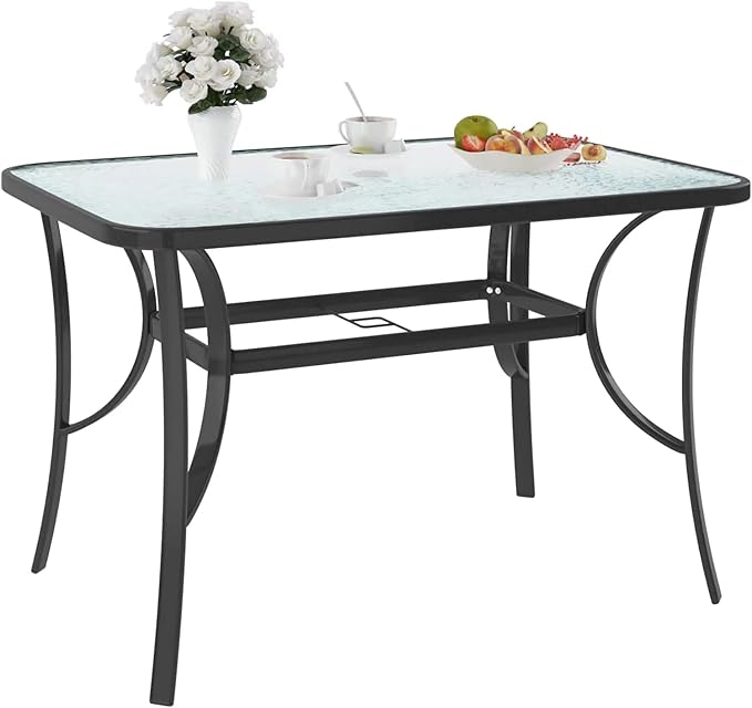 SogesPower Outdoor Tempered Glass Table Patio Dining Table with Umbrella Hole Steel Frame 47 Inch Black