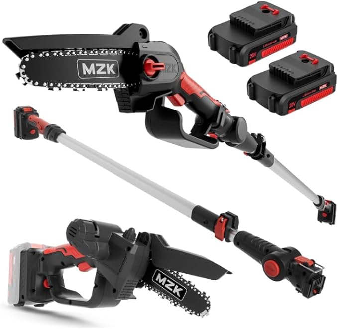 MZK 2-in-1 Cordless Pole Saw with 2 Replacement Chain, 20V Battery Pole Chainsaw, 15ft Reach Pole Saw (Batteries and Charger Included)