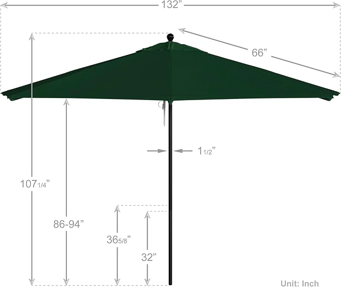 California Umbrella 11Ft Commercial Grade Market Umbrella, Pulley Lift, Aluminum/Fiberglass, 2mm pole wall, Black Frame, Solution Dyed Hunter Green Fabric