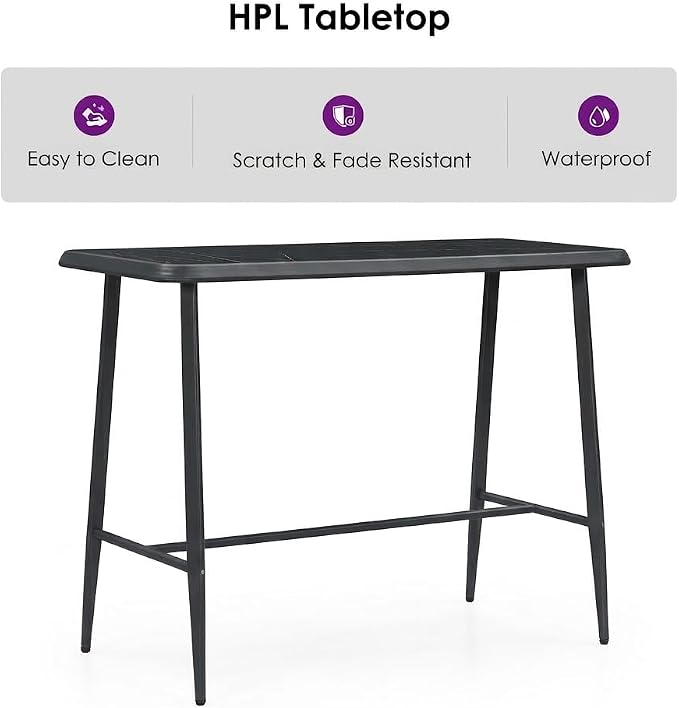 PURPLE LEAF Outdoor Bar Table Rectangular Bar High Pub Dining Table with Waterproof Tabletop for Patio Garden Balcony Dark Grey