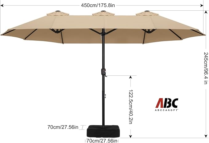 ABCCANOPY 15FT Patio Umbrella with Base, Outdoor Double-Sided Rectangle Umbrella Bonus Latch, Wights for Poolside, Lawn, Backyard (Khaki)