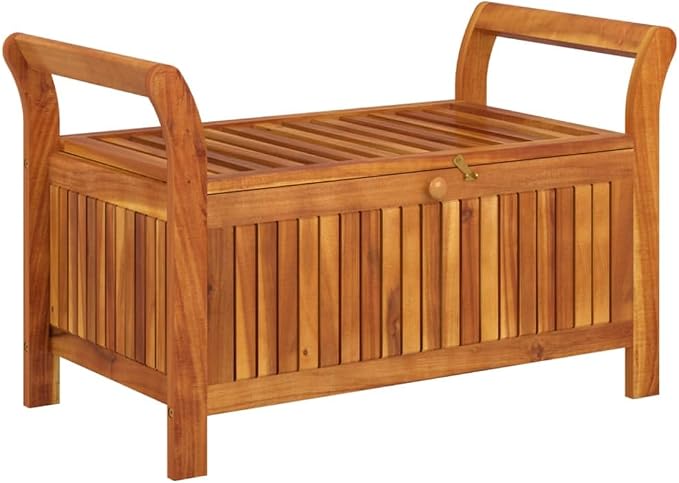 Wooden Outdoor Patio Storage Bench Large Deck Box with White Cream Cushion 35.8"x19.7"x23.6" Solid Wood Acacia Storage Box Deck Box with Seat for Garden, Balcony, Porch, Pool,Yard -AA