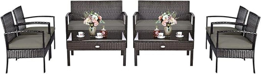 HAPPYGRILL 8-Piece Patio Furniture Set, Garden Pool Lawn Rattan Wicker Conversation Set, Loveseat Sofa Cushioned Seat & Glass Top Coffee Table