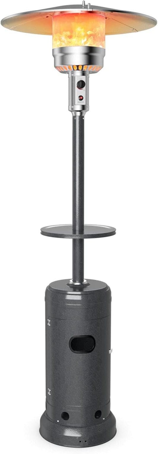 S AFSTAR 48000 BTU Outdoor Patio Heater, Portable Propane Heater w/Drink Shelf Tabletop, Wheels, Base Reservoir, 87-inch Tall Standing Heating Lamp Tower for Garden Veranda Porch Party (Grey)