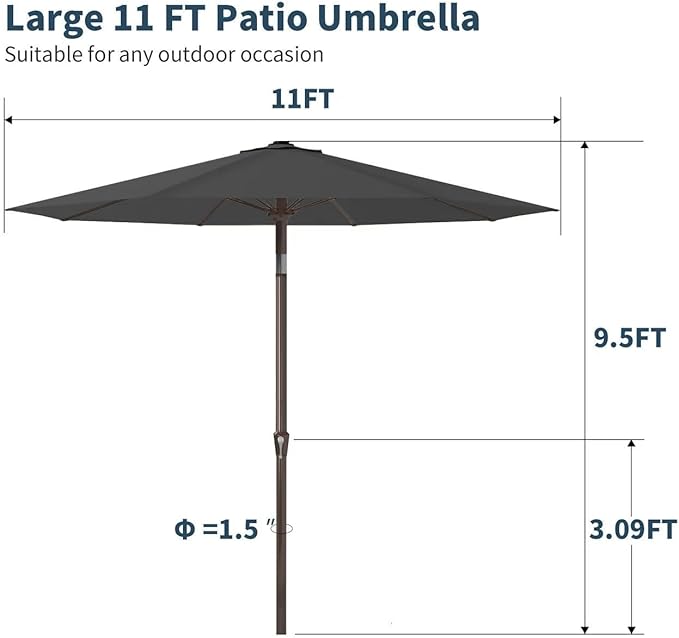 PatioKingdom 11FT Patio Umbrella,Outdoor Umbrella with Push Button Tilt and Crank,Market Table Umbrella with 8 Sturdy Fiberglass Ribs UV Protection