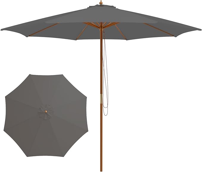 Tangkula 10FT Patio Umbrella, Outdoor Table Market Umbrella w/8 Wooden Ribs, 3 Adjustable Heights, Rope Pulley System, Detachable Pole, Wooden Patio Umbrella for Garden, Poolside, Backyard (Grey)