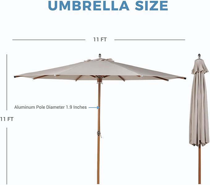 Grand patio 11 FT Sunbrella Patio Umbrella, Outdoor Umbrella with 8 Faux-Wood Grain Aluminum Ribs, Market Umbrella with Pulley Lift, Ventilation, Poolside, Deck, Backyard, Flax