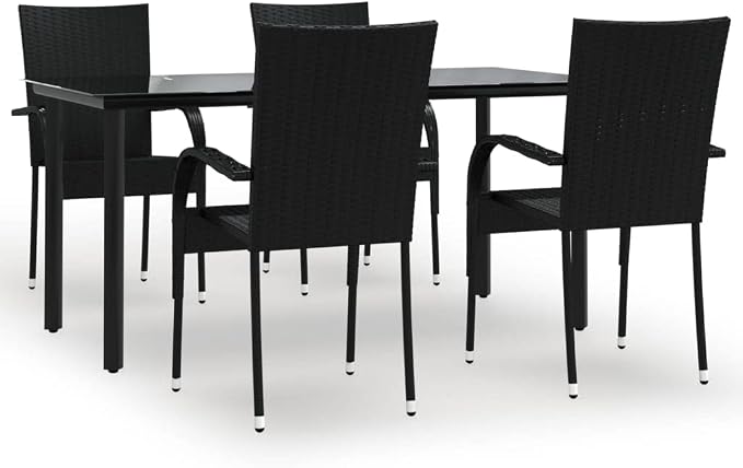 5 Piece Patio Dining Set, Outdoor Wicker Table and 4 Stackable Chairs, Weather-Resistant Poly Rattan Furniture for Garden, Backyard, Poolside, Black