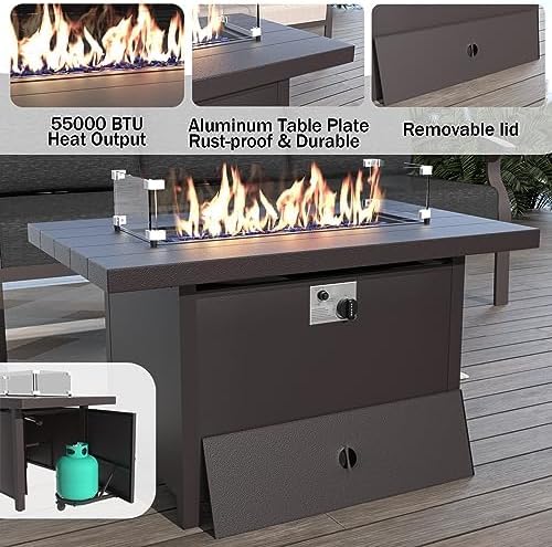ALAULM Aluminum Outdoor Patio Furniture Set with Fire Pit Table Metal Patio Furniture w/Fire Pit Outdoor Sectional w/5.1" Cushions and 7 Seats for Patio, Backyard, Poolside-Midnight Black