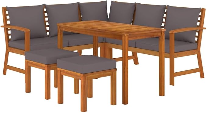 6 Piece Patio Dining Set with Cushions Solid Wood Acacia Outdoor Garden Furniture Wicker Table Bench Seats for Backyard Deck Lawn Entertaining