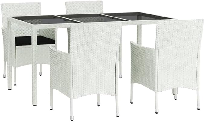 Afuera Living Patio Dining Set, 5-Piece, Powder-Coated Steel Frame, White/Black Finish, Tempered Glass Table, Weather-Resistant Poly Rattan Chairs, Modern Outdoor Furniture for Garden, Balcony,
